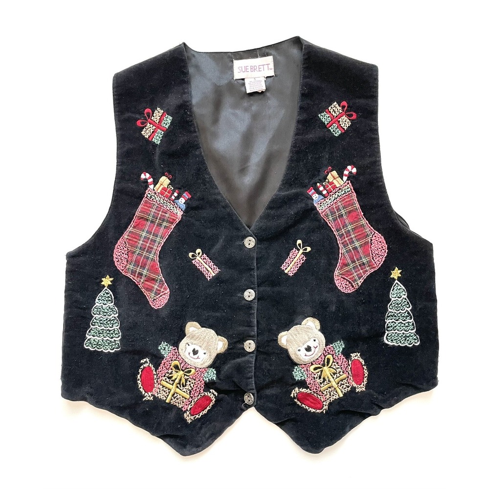 Black Velvet Holiday UGLY CHRISTMAS VEST Sz Small Sue Brett Teddy Bear Stockings